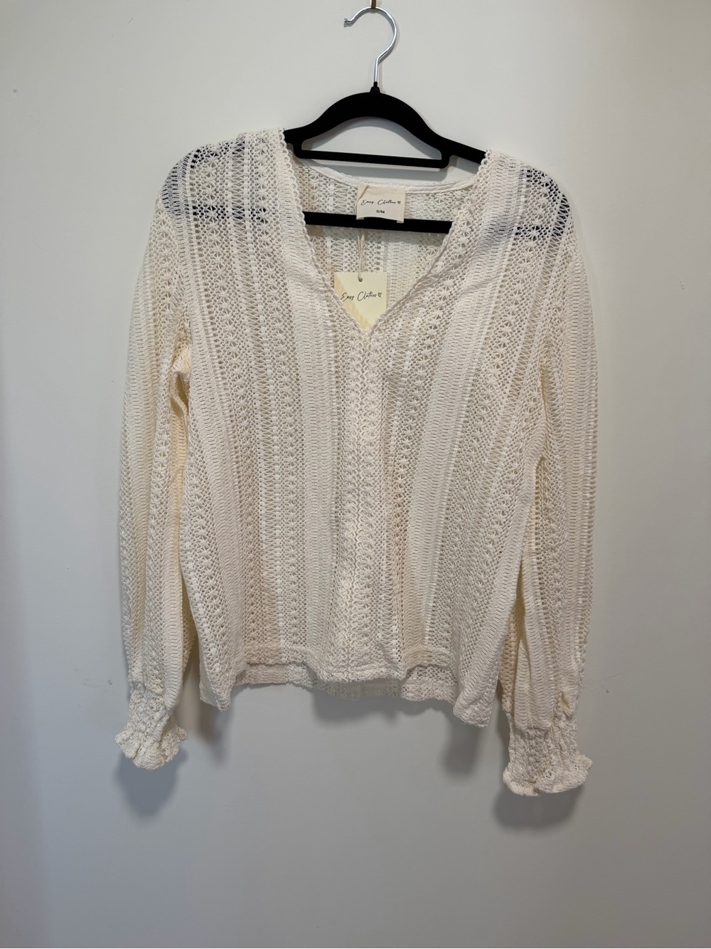 Easy Clothes Cream Crochet Knit V-Neck Pullover
